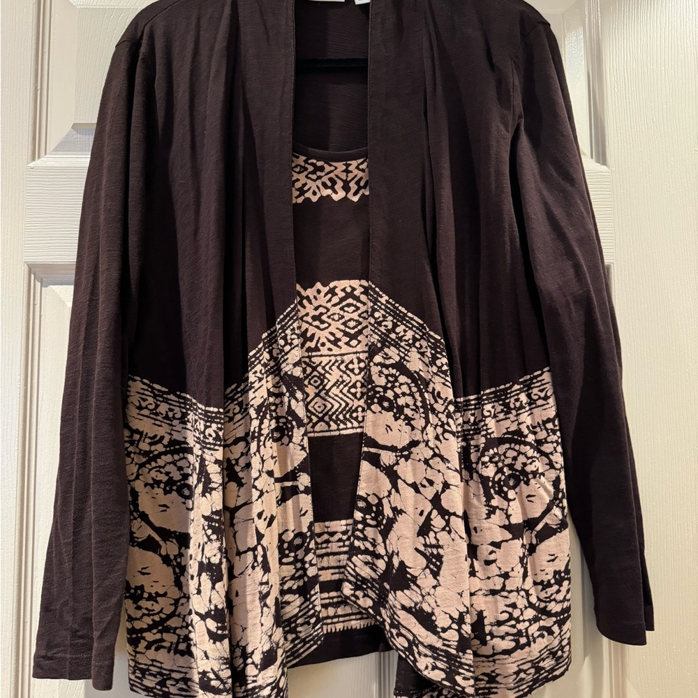 Chico's Black and Cream Patterned Cardigan with Built-In Shell